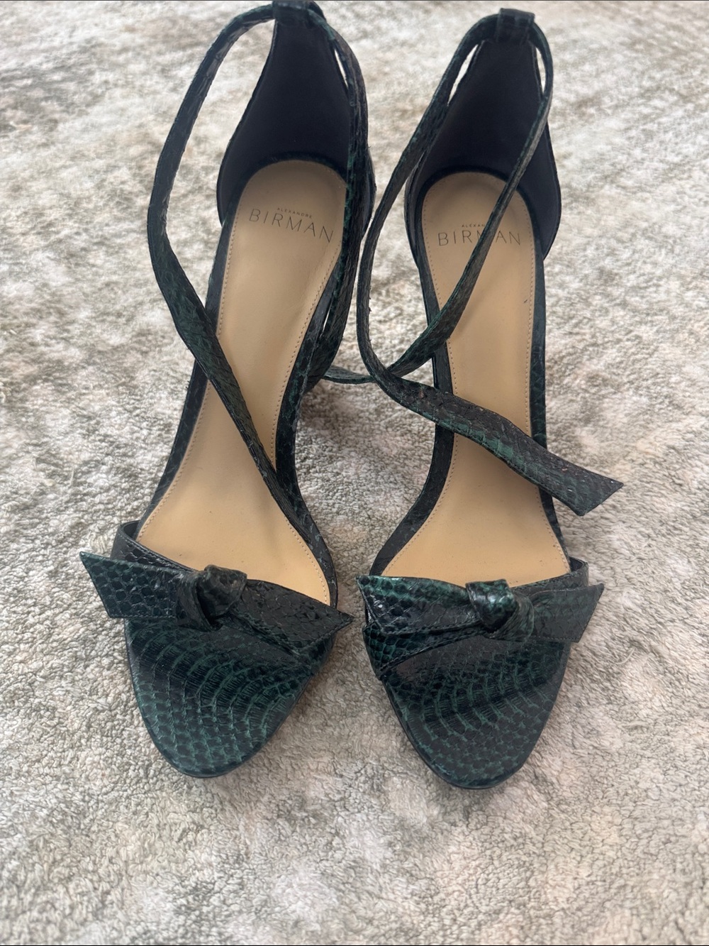 Alexandre Birman Emerald Green Snakeskin Ankle-Tie Sandals